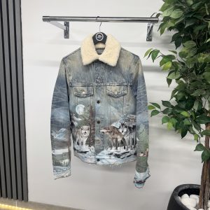 Amiri Wolf Shearling Airbrushed Trucker Jacket